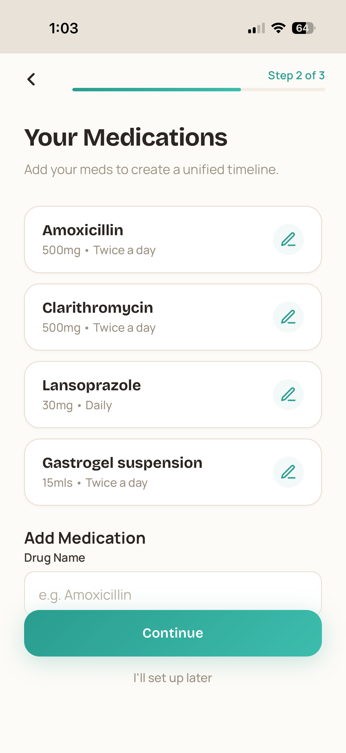 Mahealio app showing medication timeline